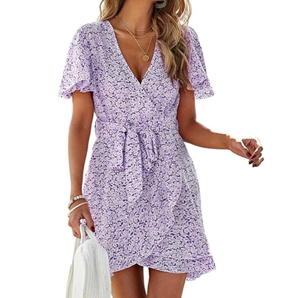 SHEIN Purple, floral, faux wrap dress. Wore once for a baby shower.